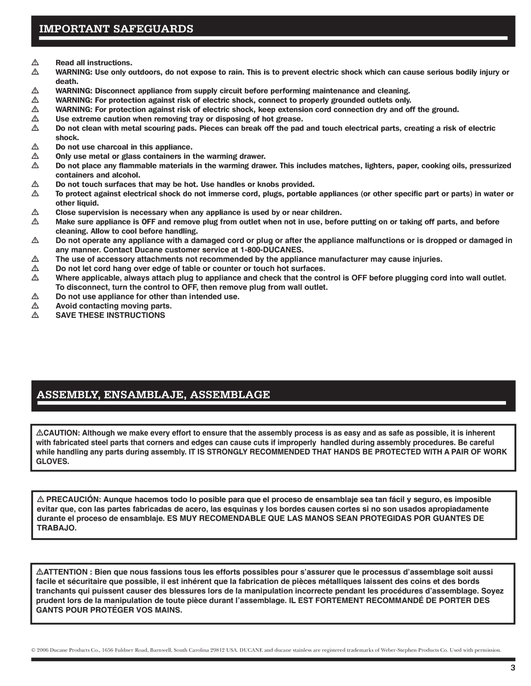 Ducane 20529915 owner manual Important Safeguards, Assembly, ENSAMBLAJE, Assemblage 