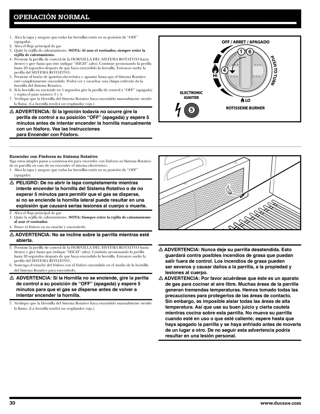 Ducane 20529915 owner manual Encender con Fósforos su Sistema Rotativo 