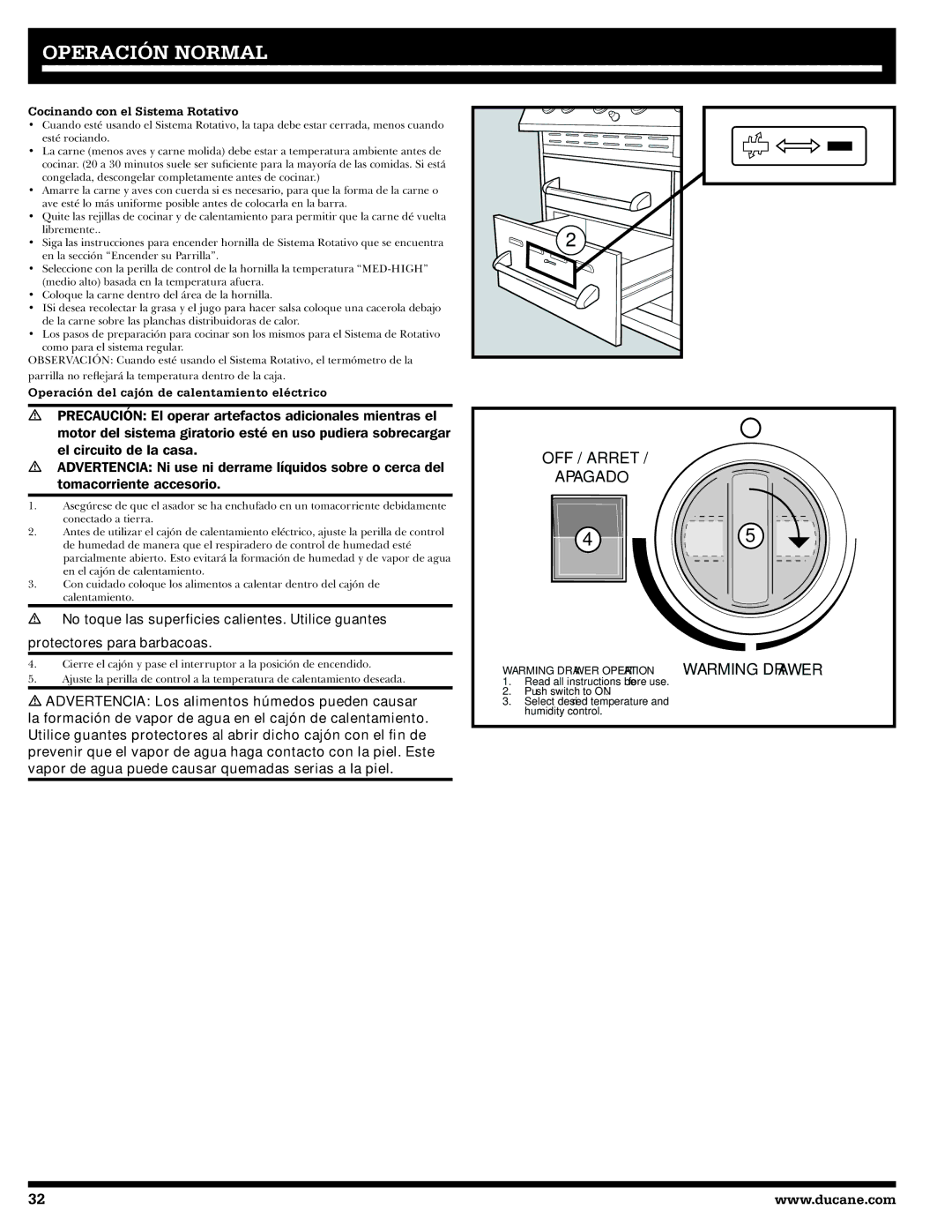 Ducane 20529915 owner manual Cocinando con el Sistema Rotativo, Operación del cajón de calentamiento eléctrico 