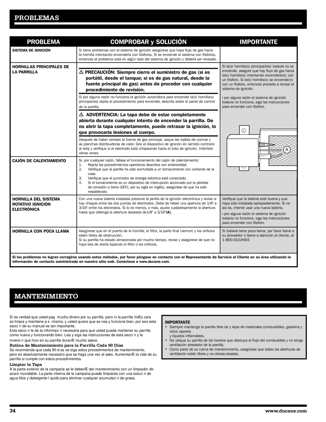 Ducane 20529915 owner manual Problemas, Rutina de Mantenimiento para la Parrilla Cada 90 Días, Limpiar la Tapa 