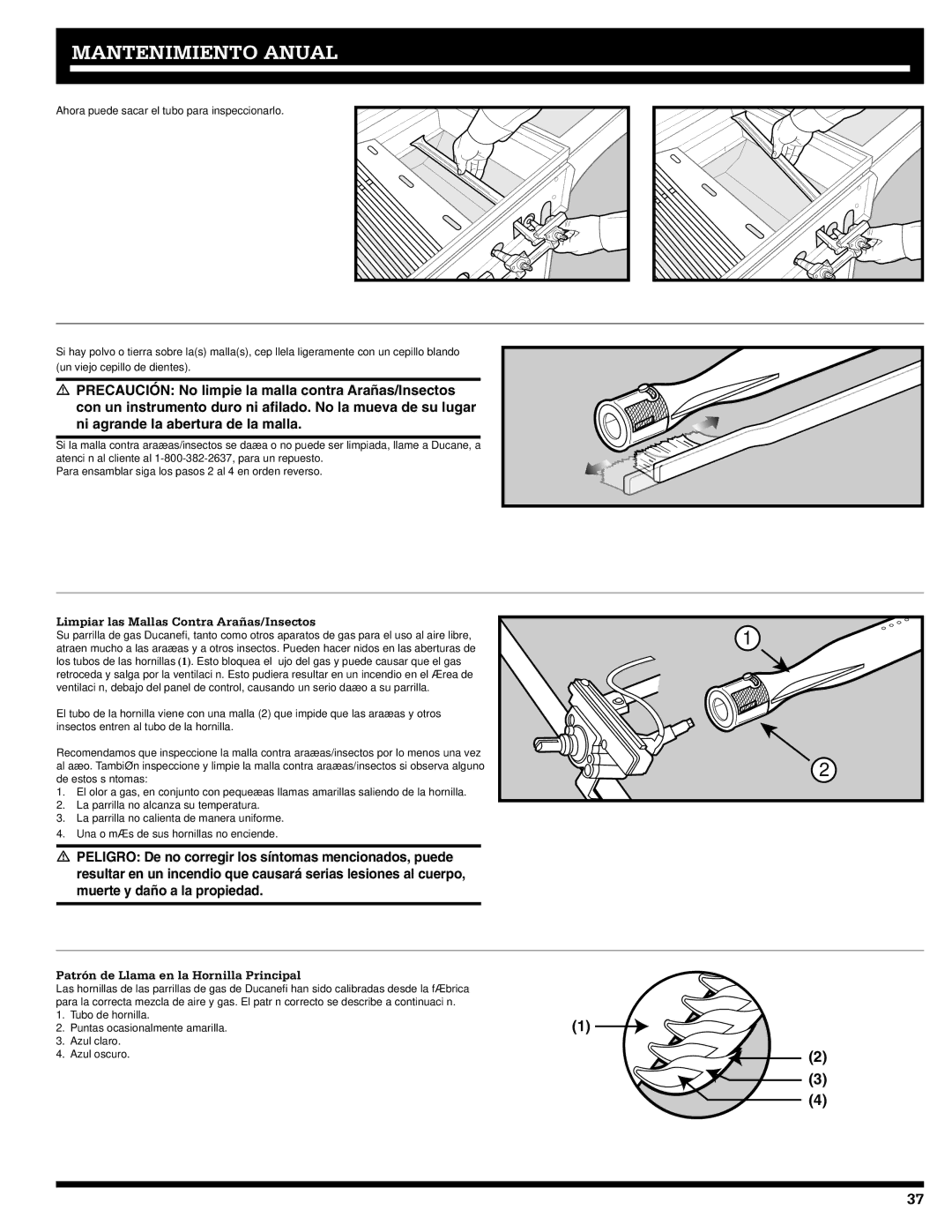 Ducane 20529915 owner manual Limpiar las Mallas Contra Arañas/Insectos, Patrón de Llama en la Hornilla Principal 