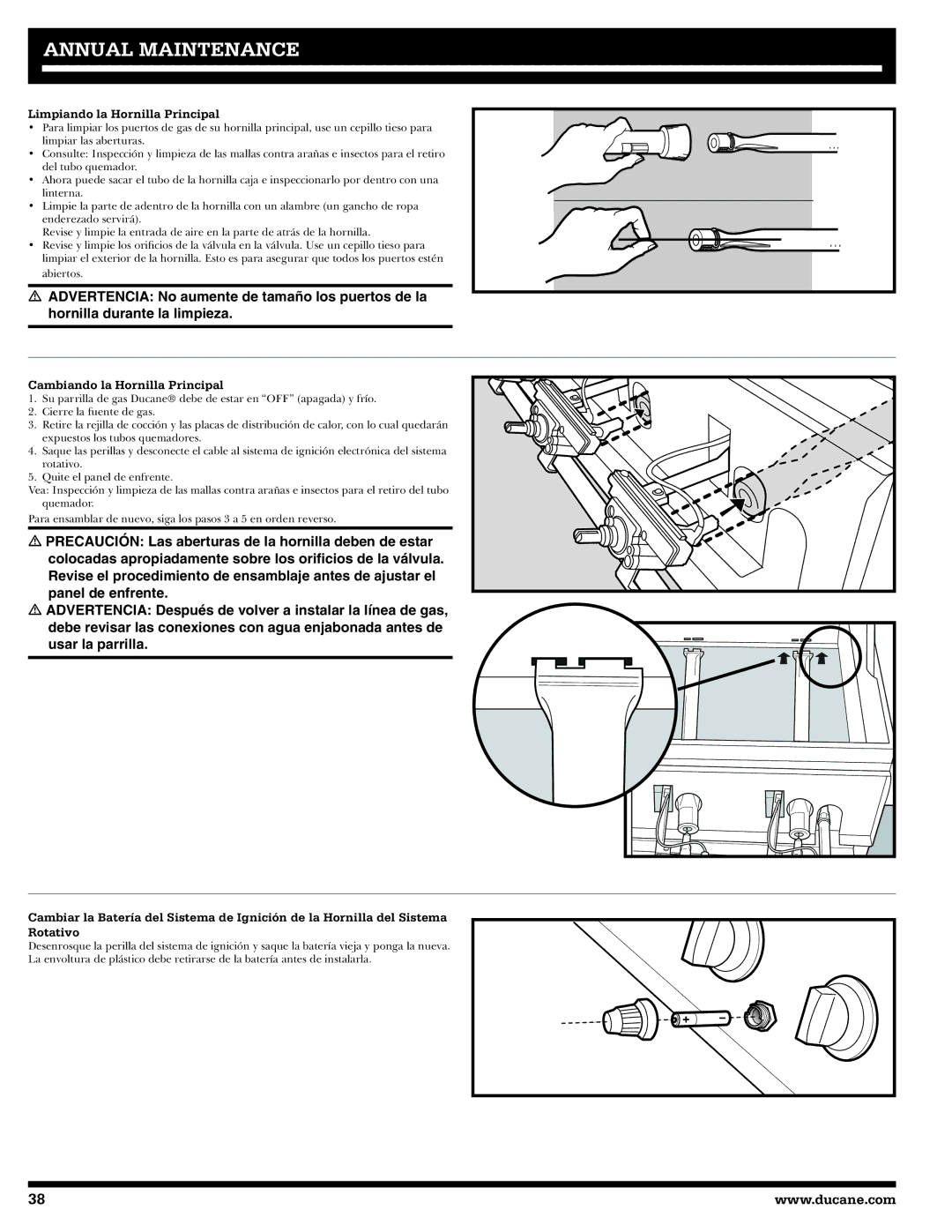 Ducane 20529915 owner manual Limpiando la Hornilla Principal, Cambiando la Hornilla Principal 