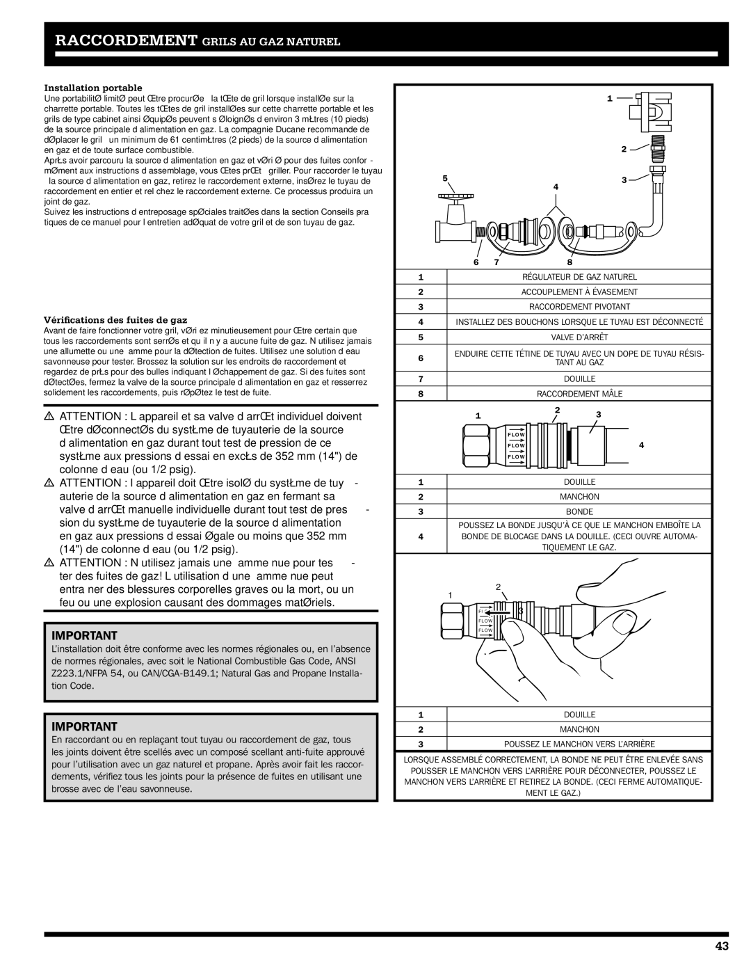 Ducane 20529915 owner manual Installation portable, Vérifications des fuites de gaz 