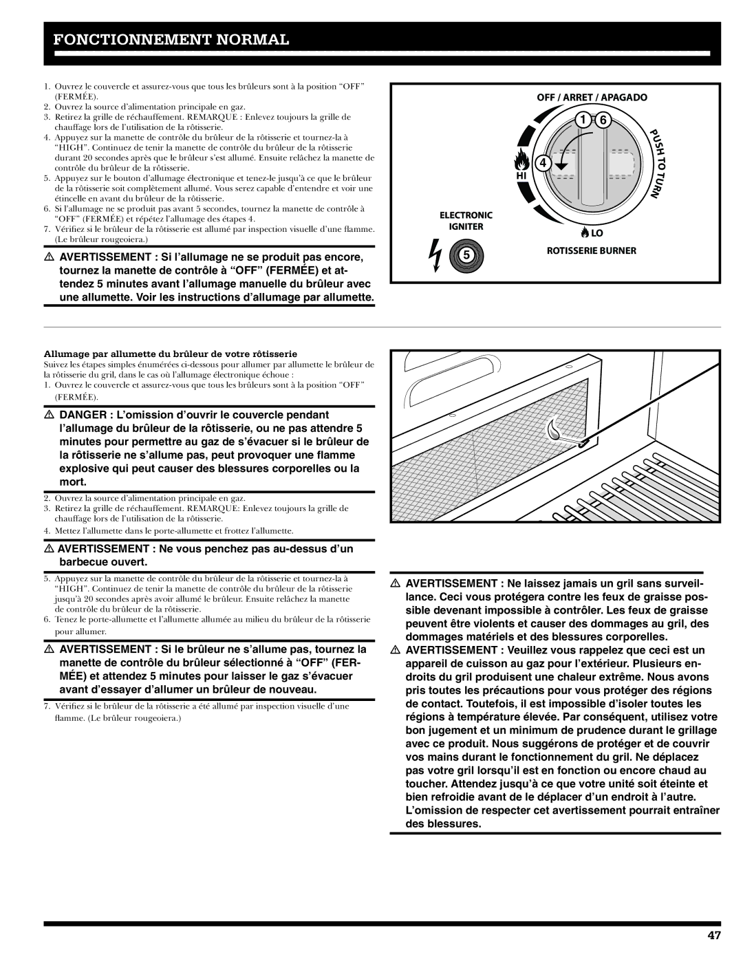 Ducane 20529915 owner manual Allumage par allumette du brûleur de votre rôtisserie 