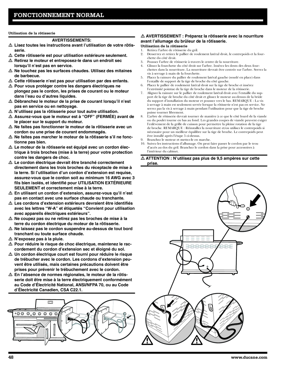 Ducane 20529915 owner manual Avertissements, Utilisation de la rôtisserie 