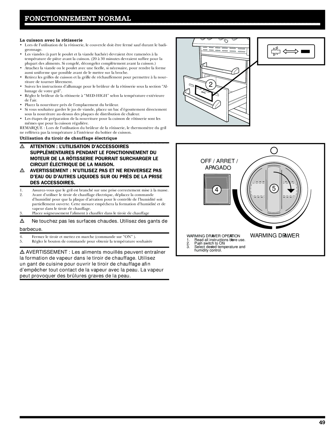 Ducane 20529915 owner manual La cuisson avec la rôtisserie, Utilisation du tiroir de chauffage électrique 