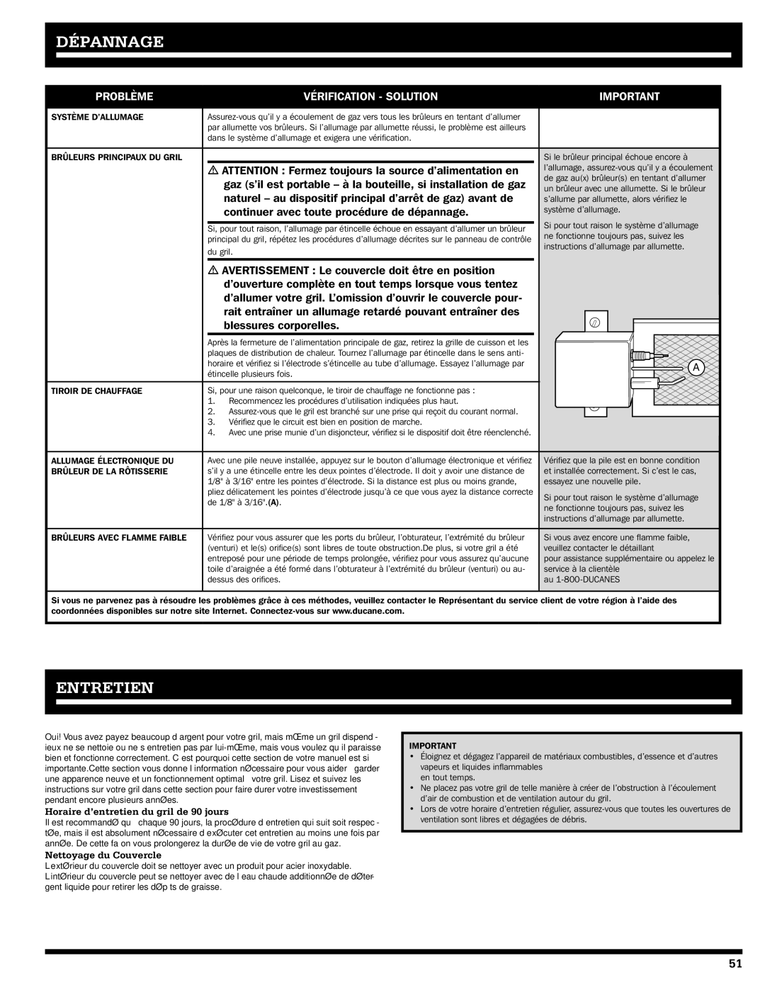 Ducane 20529915 owner manual Dépannage, Entretien, Horaire d’entretien du gril de 90 jours, Nettoyage du Couvercle 