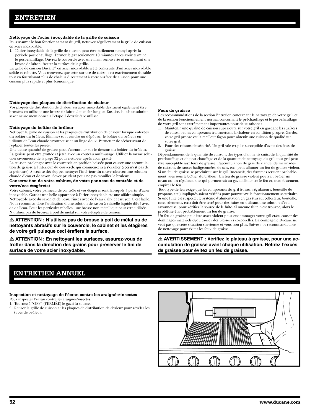 Ducane 20529915 Entretien annuel, Nettoyage de l’acier inoxydable de la grille de cuisson, Nettoyage du boîtier du brûleur 