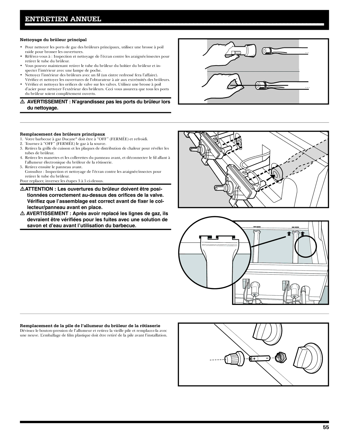 Ducane 20529915 owner manual Nettoyage du brûleur principal, Remplacement des brûleurs principaux 