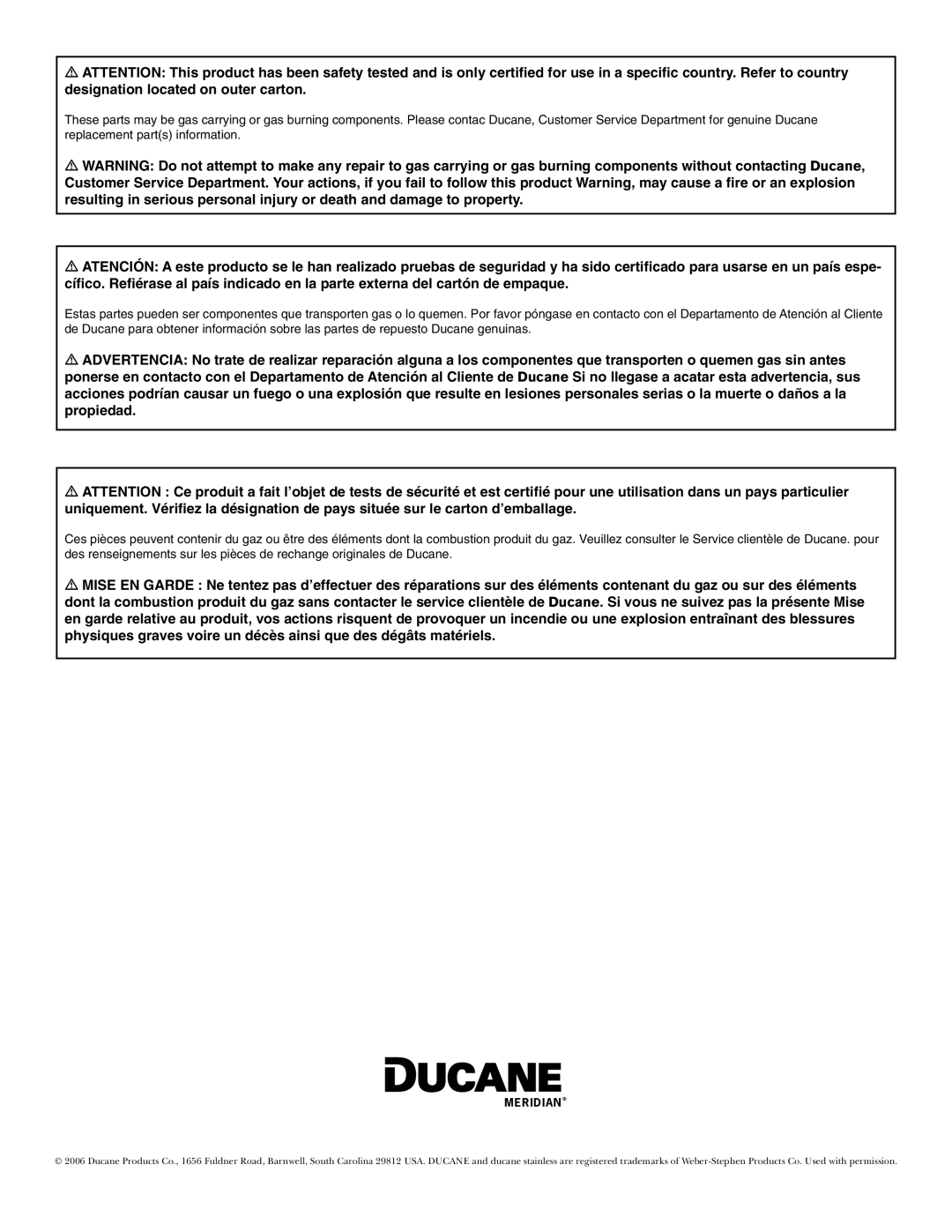 Ducane 20529915 owner manual Meridian 