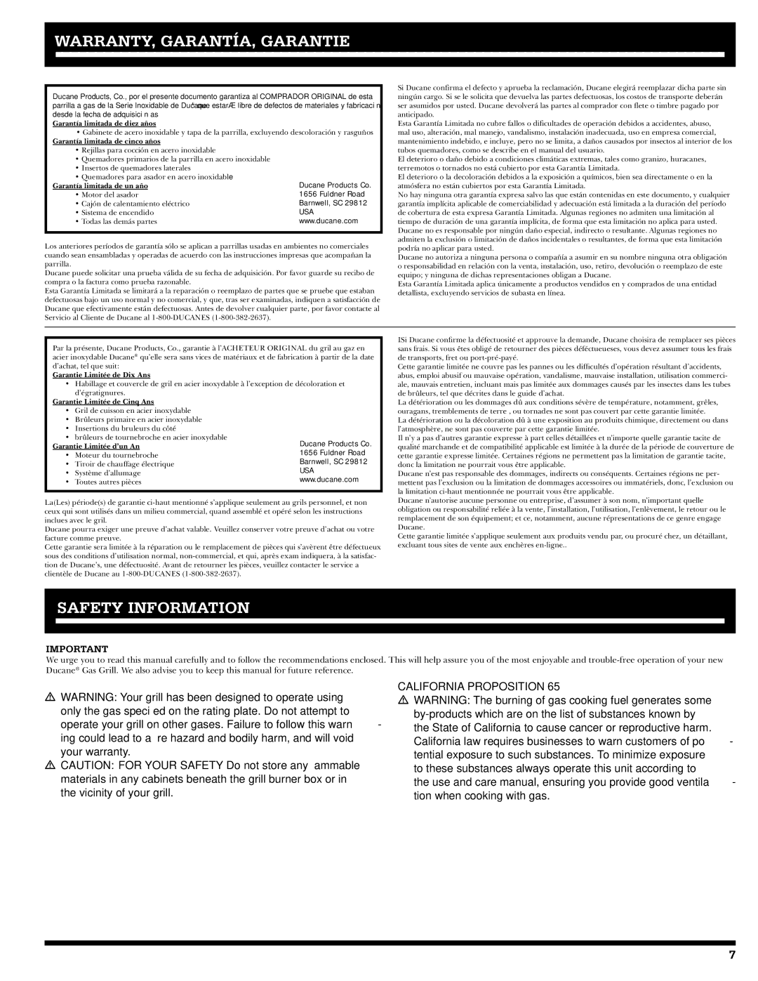 Ducane 20529915 owner manual Safety Information, Garantía limitada de cinco años 