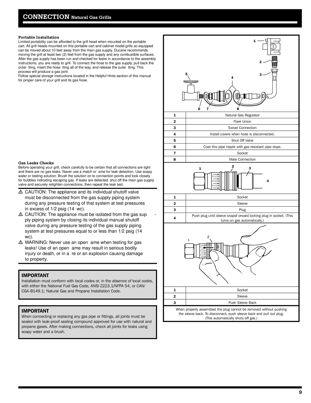 Ducane 20529915 owner manual Portable Installation, Gas Leaks Checks 