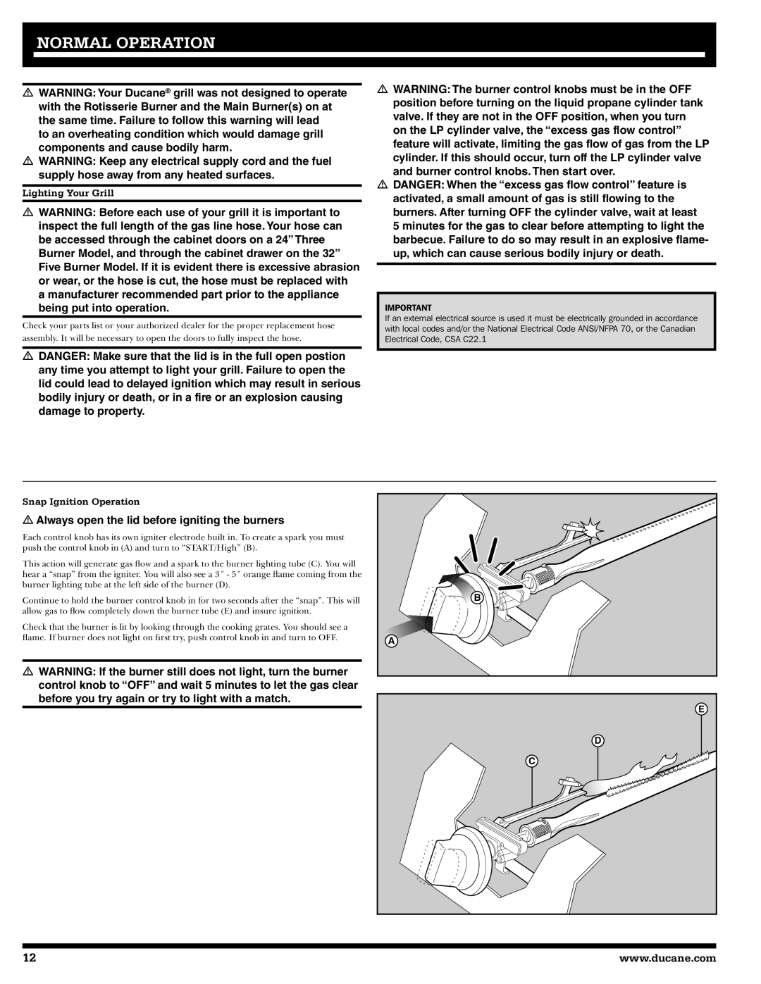 Ducane 20529916, 1605NG owner manual Normal Operation, Lighting Your Grill, Snap Ignition Operation 