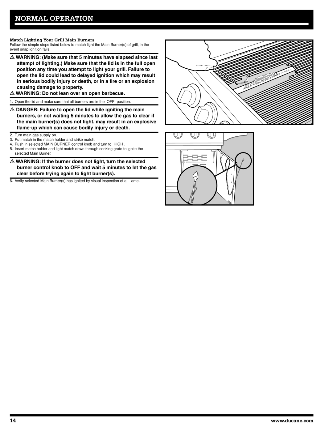 Ducane 20529916, 1605NG owner manual Match Lighting Your Grill Main Burners 