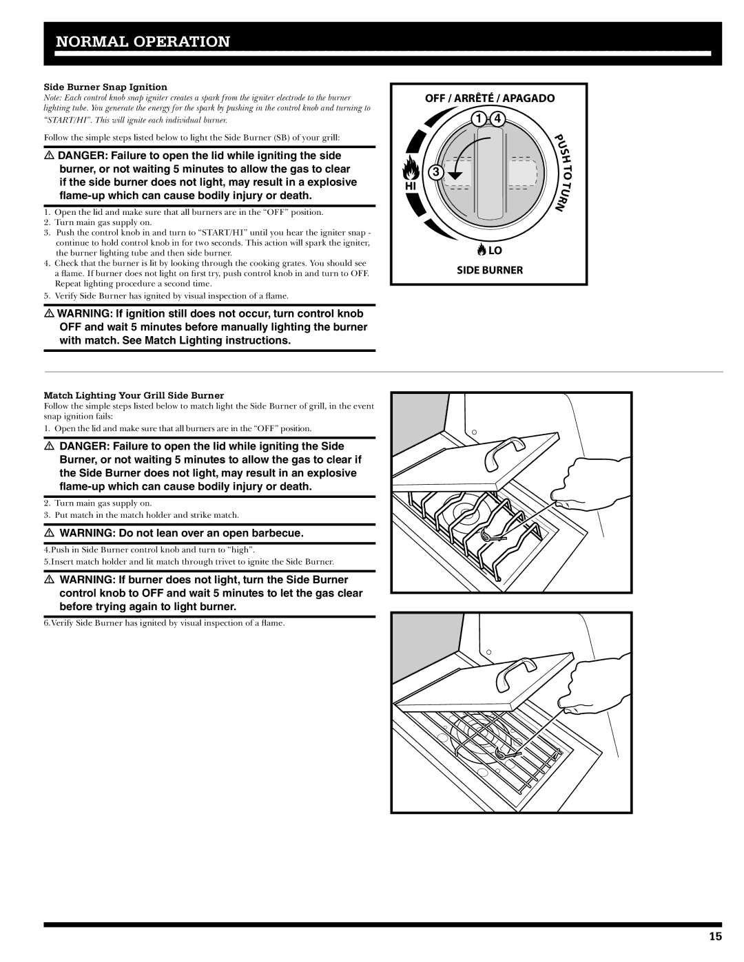 Ducane 1605NG, 20529916 owner manual Side Burner Snap Ignition, Match Lighting Your Grill Side Burner 