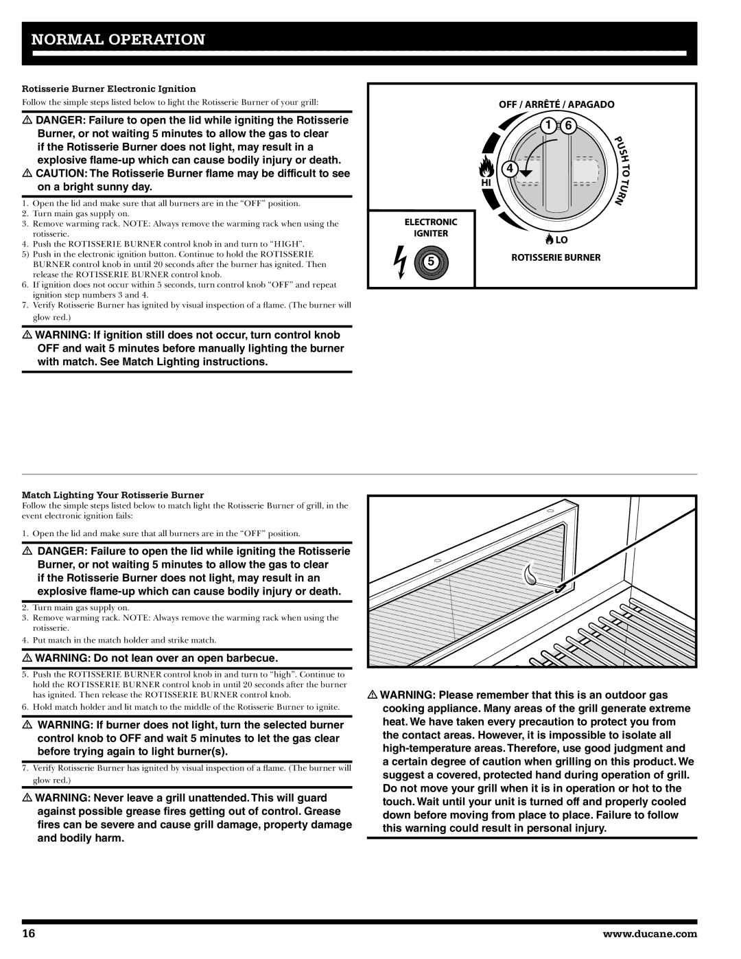 Ducane 20529916, 1605NG owner manual Rotisserie Burner Electronic Ignition, Match Lighting Your Rotisserie Burner 