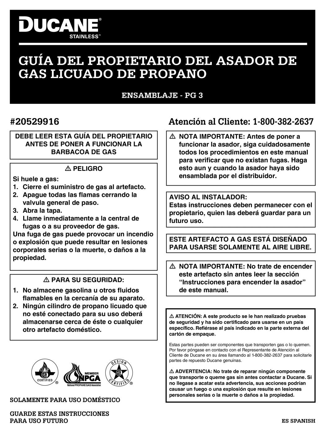 Ducane 20529916, 1605NG owner manual Guía DEL Propietario DEL Asador DE GAS Licuado DE Propano 