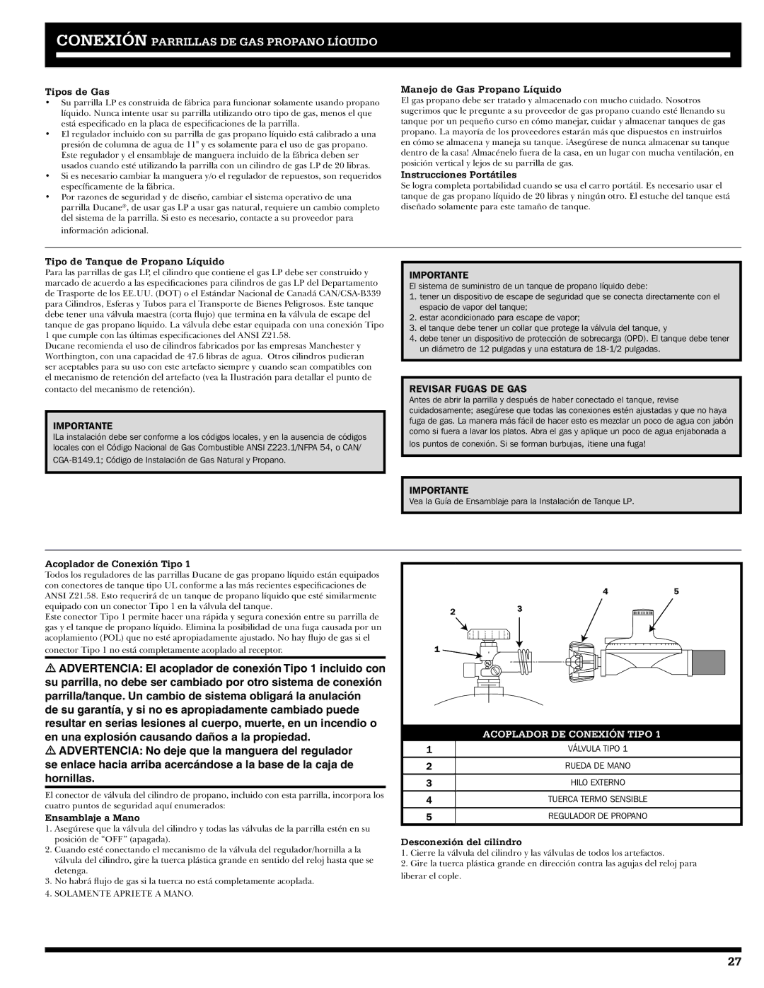 Ducane 1605NG Tipos de Gas, Manejo de Gas Propano Líquido, Instrucciones Portátiles, Tipo de Tanque de Propano Líquido 