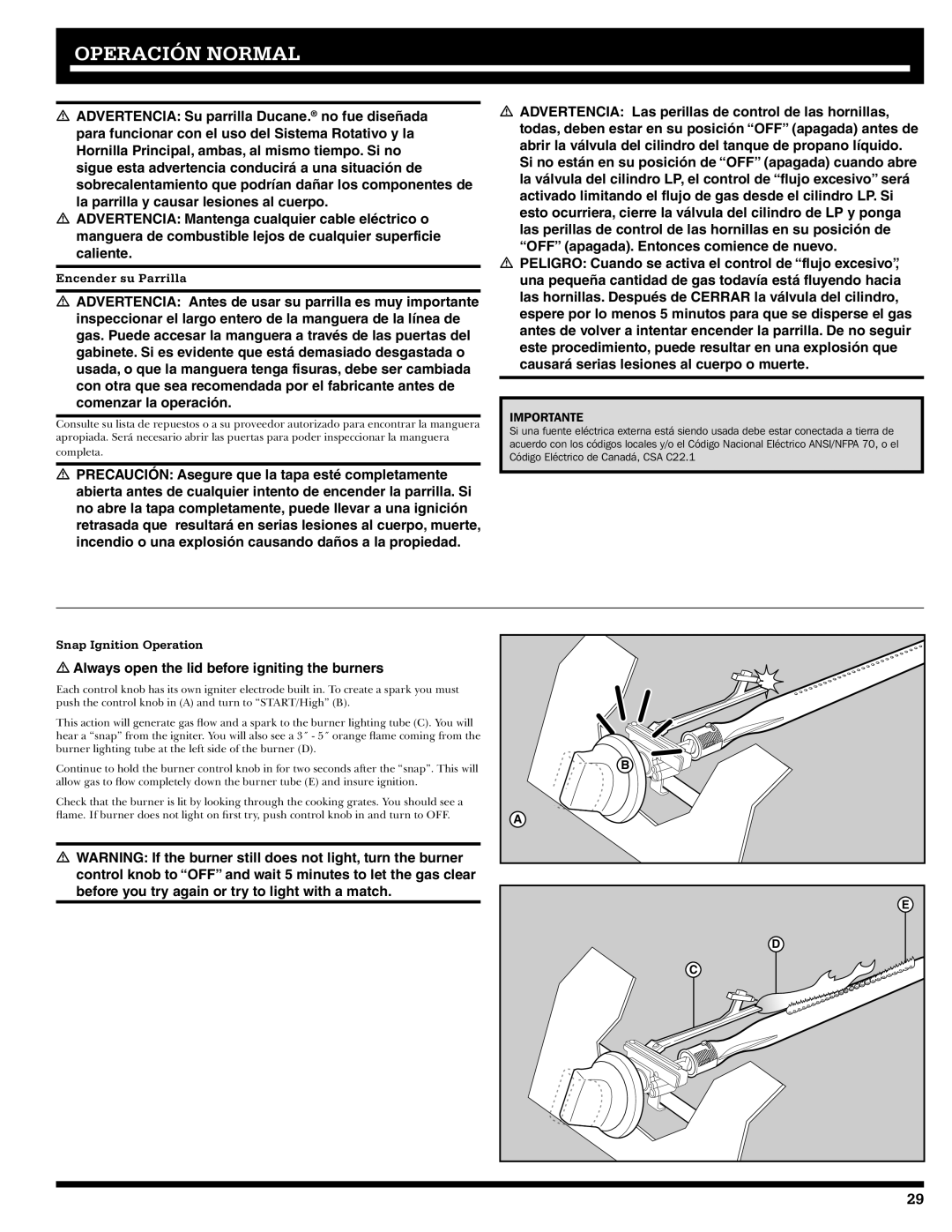 Ducane 1605NG, 20529916 owner manual Operación Normal, Encender su Parrilla 