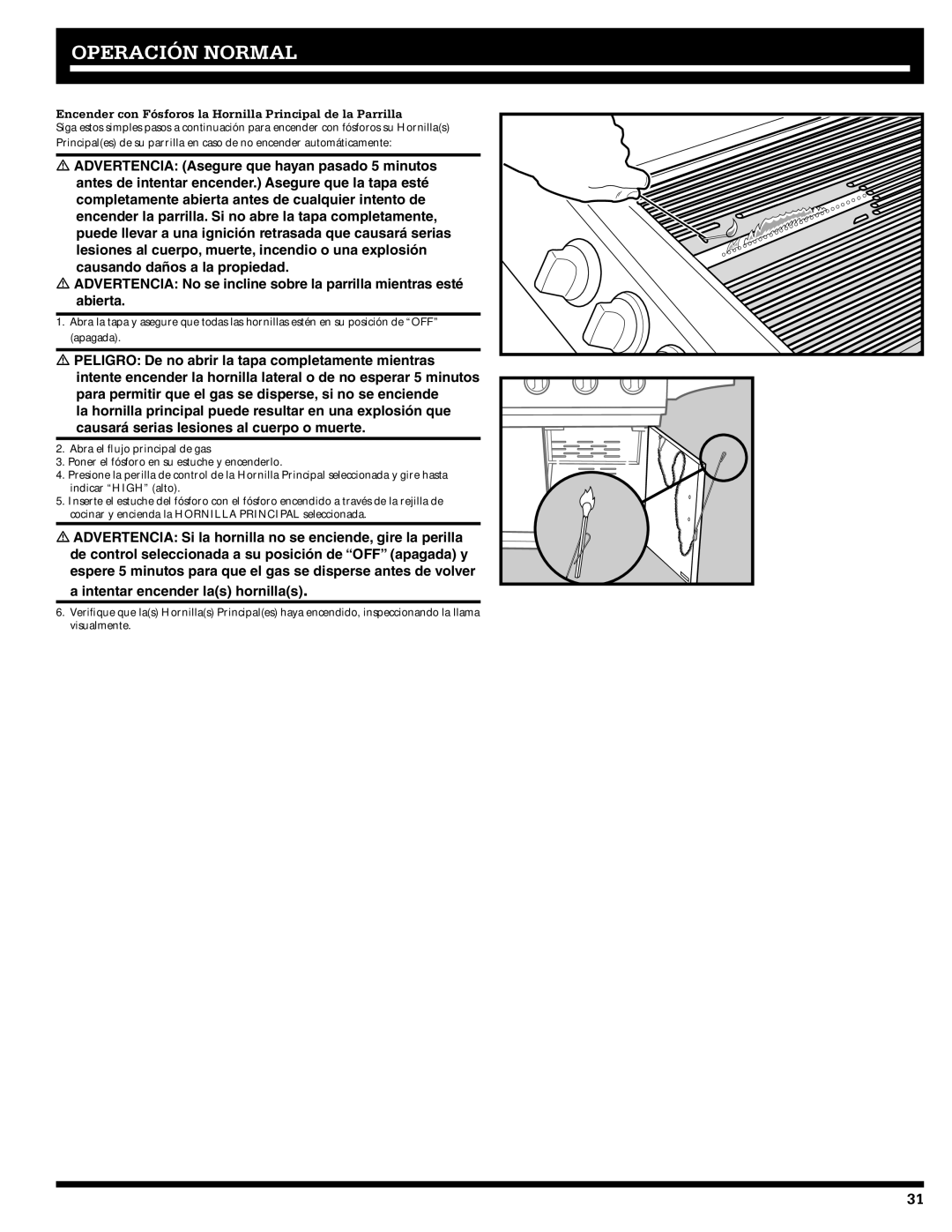 Ducane 1605NG, 20529916 owner manual Encender con Fósforos la Hornilla Principal de la Parrilla 