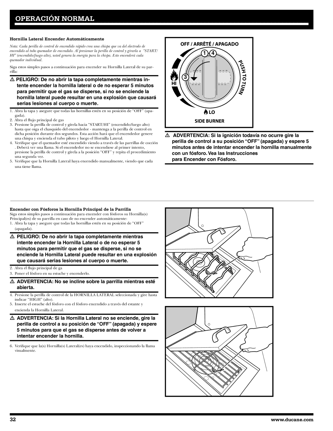 Ducane 20529916, 1605NG owner manual Hornilla Lateral Encender Automáticamente 