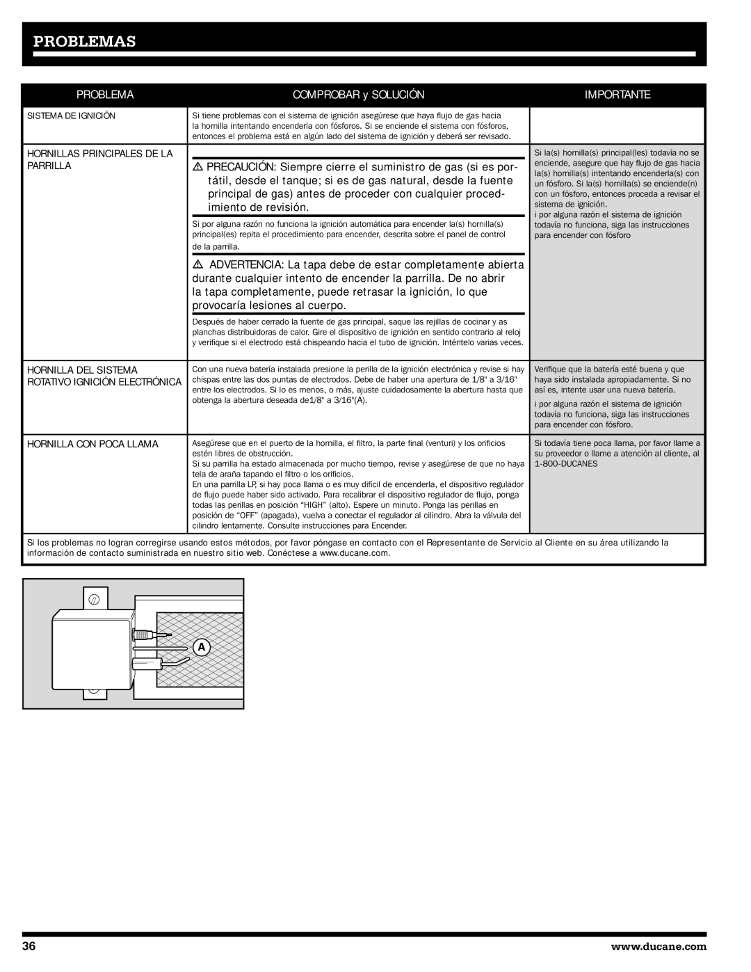 Ducane 20529916, 1605NG owner manual Problemas, Importante 