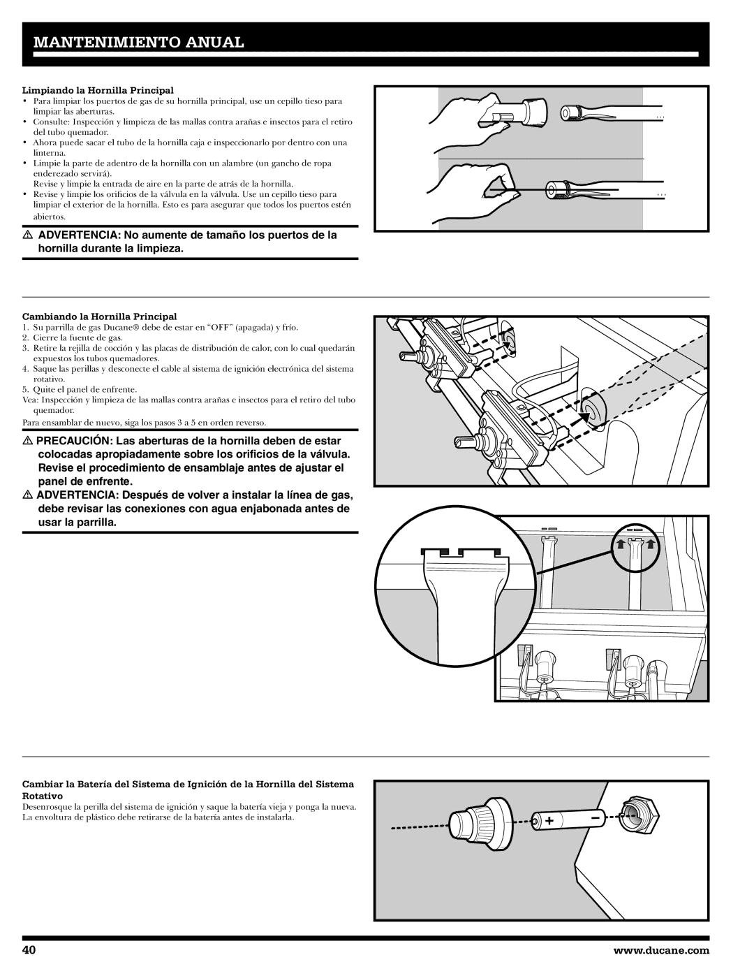 Ducane 20529916, 1605NG owner manual Limpiando la Hornilla Principal, Cambiando la Hornilla Principal 