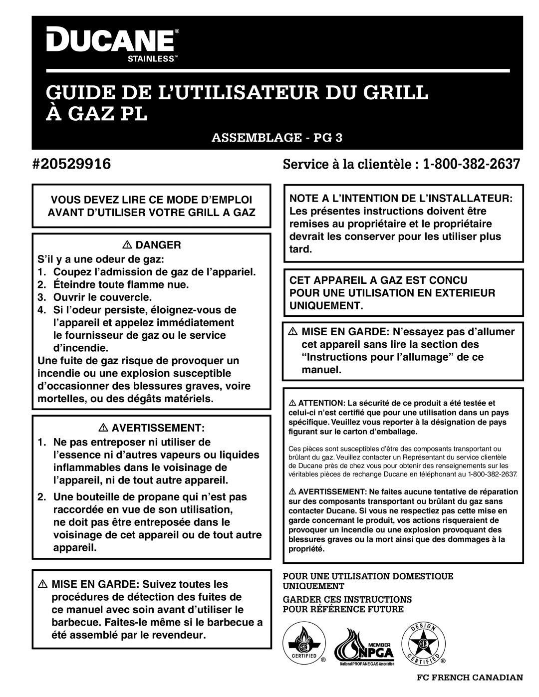 Ducane 1605NG, 20529916 owner manual Guide DE L’UTILISATEUR DU Grill À GAZ PL 