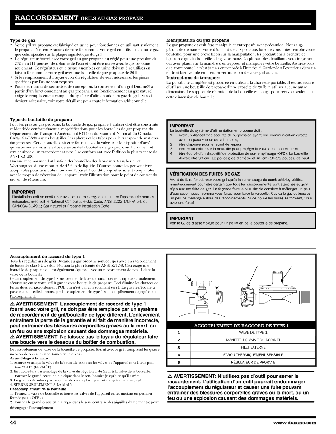 Ducane 20529916, 1605NG Type de gaz, Manipulation du gaz propane, Instructions de transport, Type de bouteille de propane 