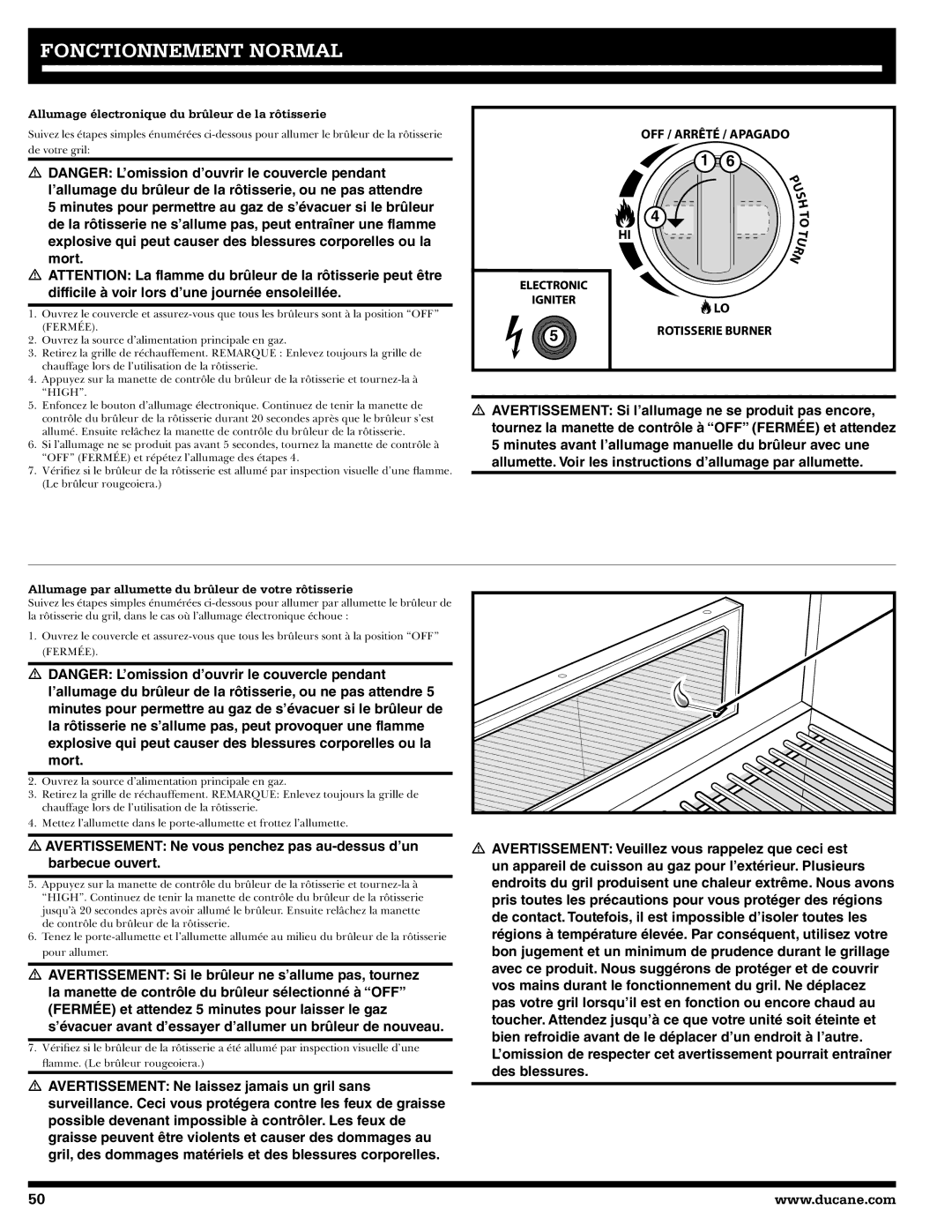 Ducane 20529916 Allumage électronique du brûleur de la rôtisserie, Allumage par allumette du brûleur de votre rôtisserie 