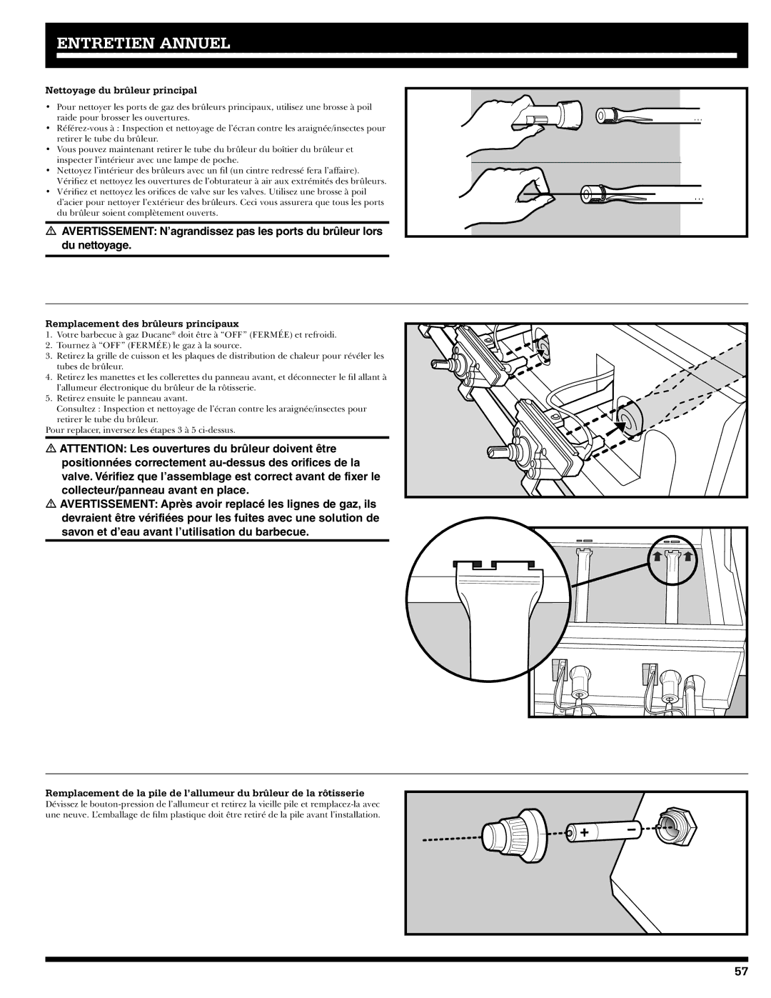 Ducane 1605NG, 20529916 owner manual Nettoyage du brûleur principal, Remplacement des brûleurs principaux 