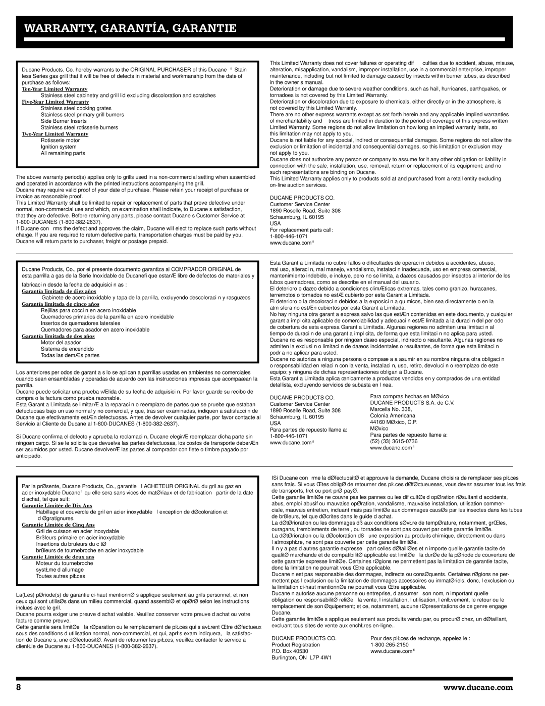 Ducane 20529916, 1605NG owner manual WARRANTY, GARANTÍA, Garantie, Five-Year Limited Warranty 