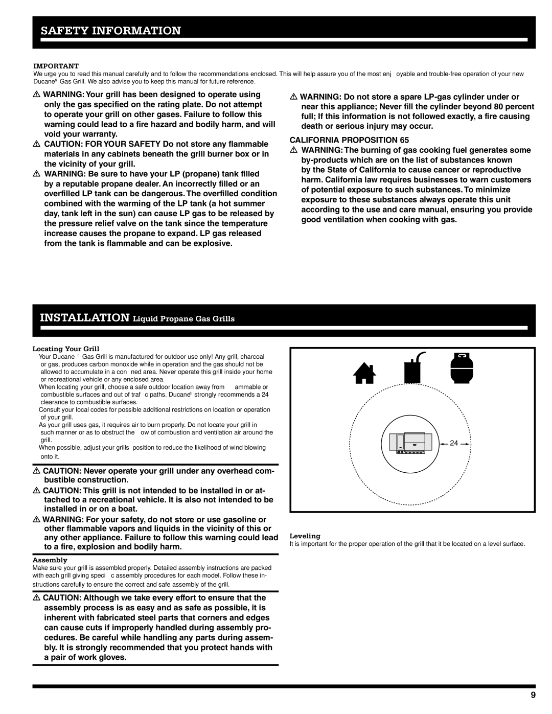 Ducane 1605NG, 20529916 owner manual Safety Information, Locating Your Grill, Assembly, Leveling 