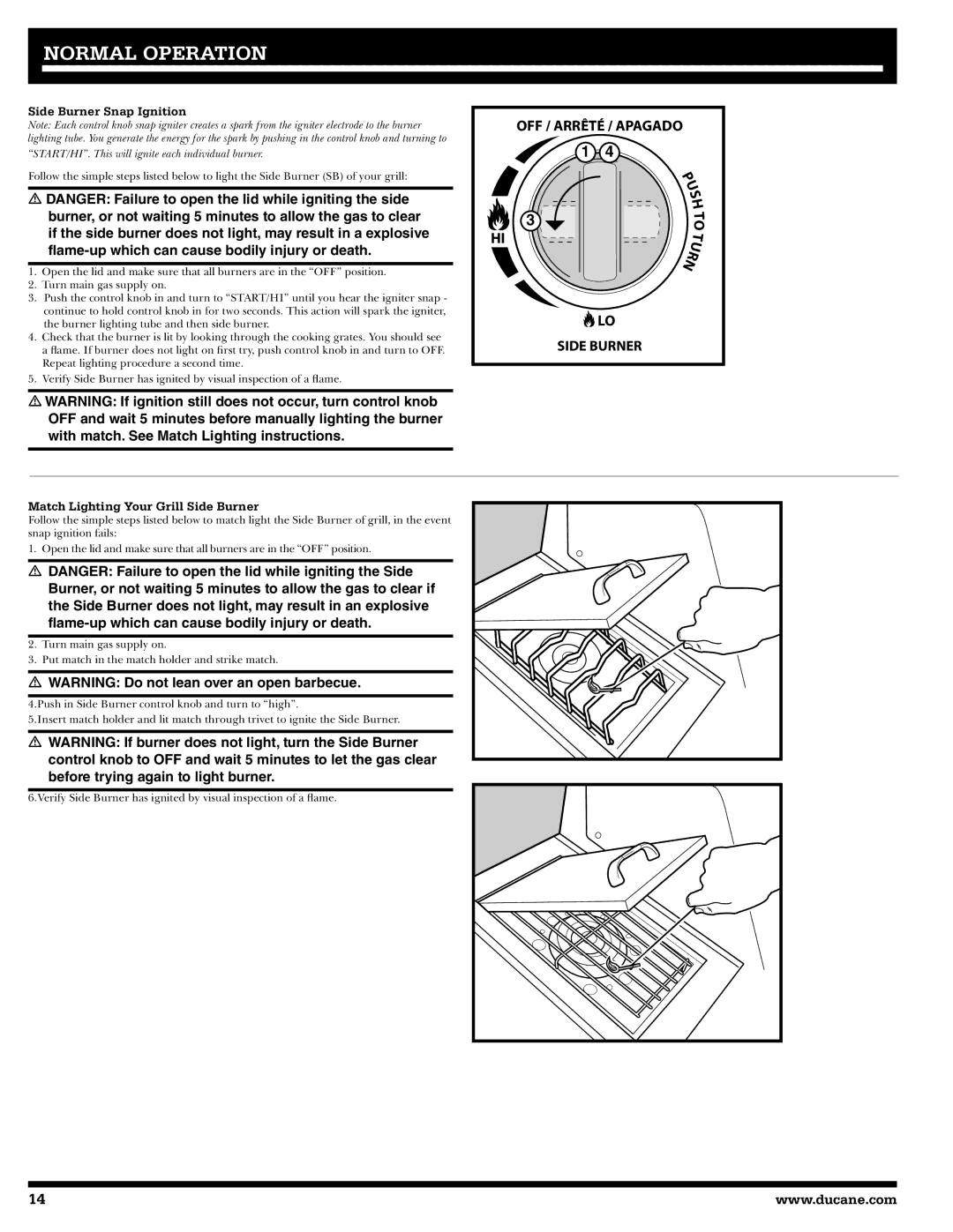 Ducane 20529917 owner manual Side Burner Snap Ignition, Match Lighting Your Grill Side Burner 