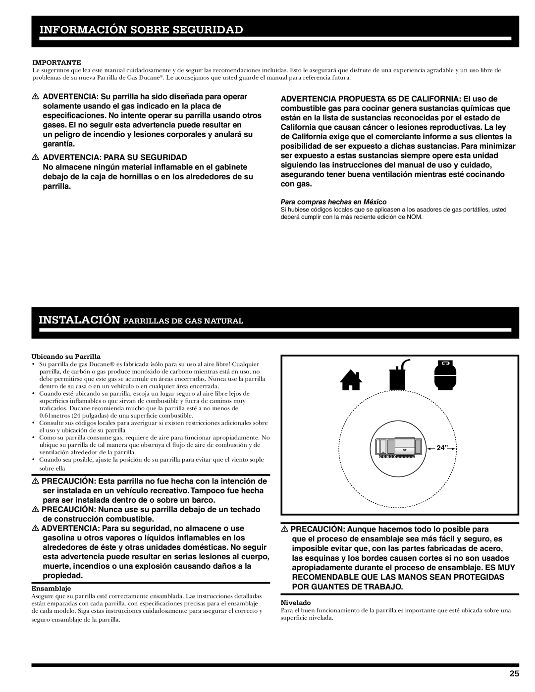 Ducane 20529917 owner manual Información Sobre Seguridad, Ubicando su Parrilla, Ensamblaje, Nivelado 