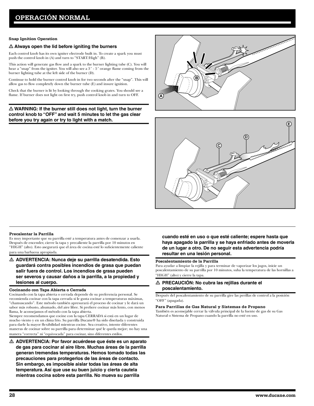 Ducane 20529917 owner manual Operación Normal, Precalentar la Parrilla, Cocinando con Tapa Abierta o Cerrada 