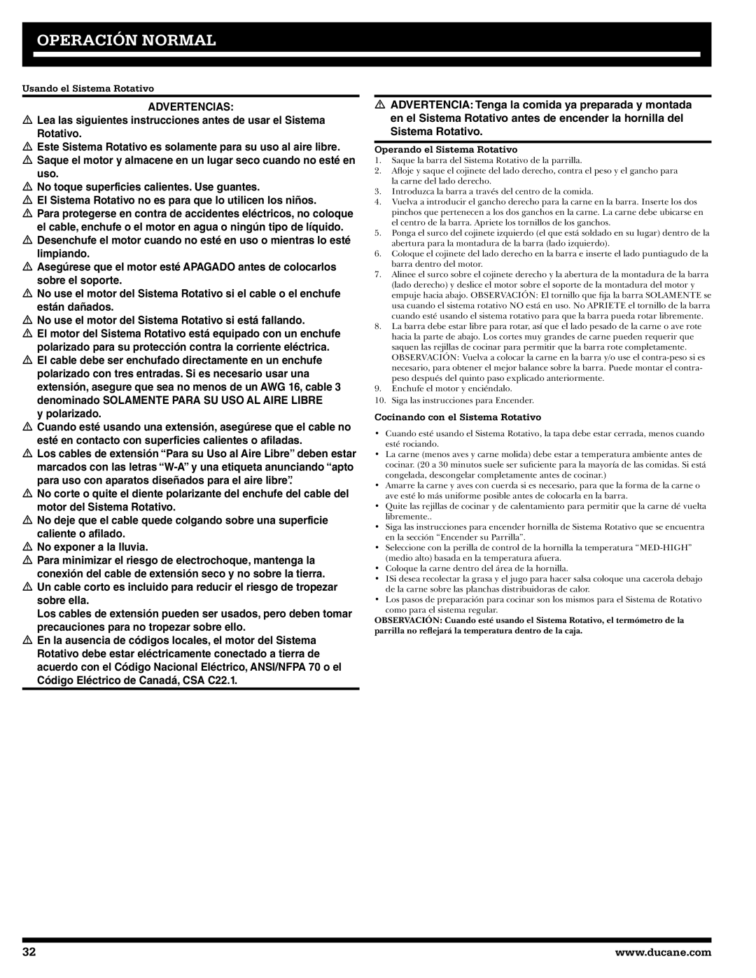 Ducane 20529917 owner manual Usando el Sistema Rotativo, Operando el Sistema Rotativo, Cocinando con el Sistema Rotativo 