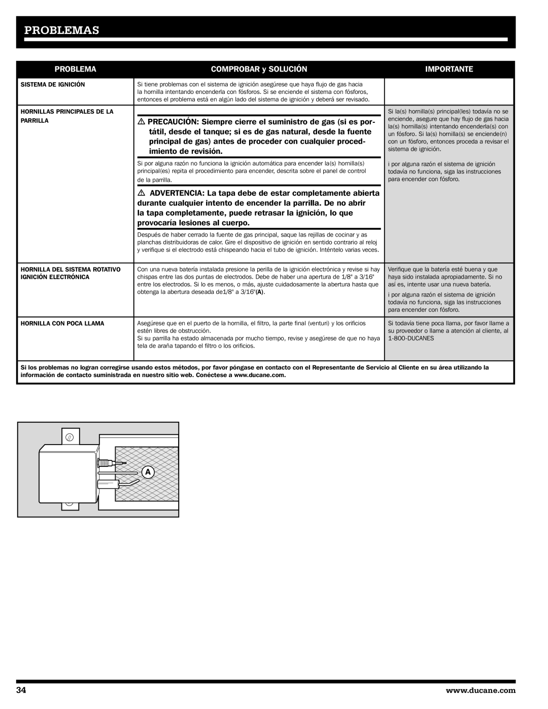 Ducane 20529917 owner manual Problemas, Importante 