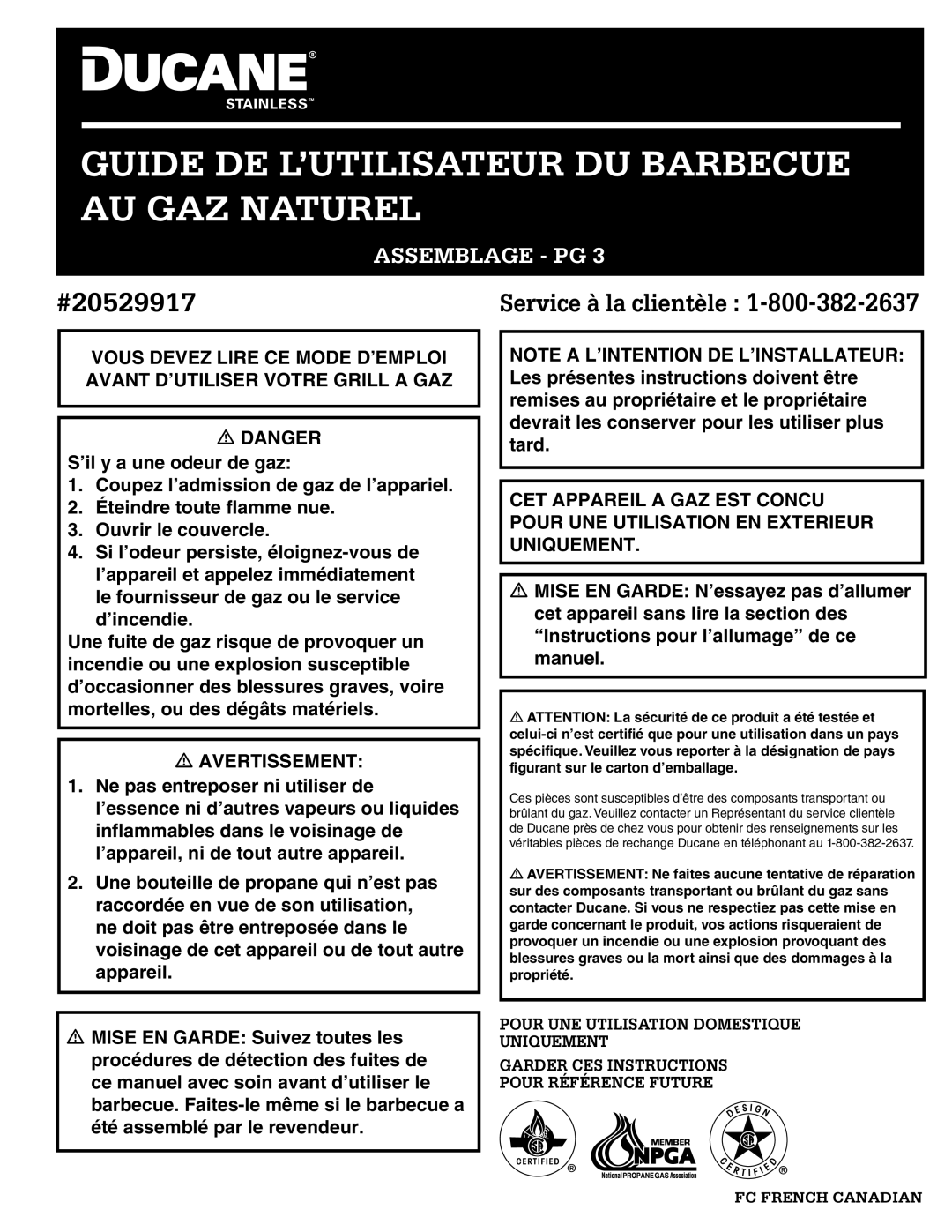 Ducane 20529917 owner manual Guide DE L’UTILISATEUR DU Barbecue AU GAZ Naturel 