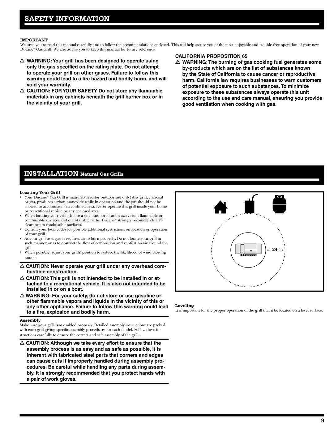 Ducane 20529917 owner manual Safety Information, Locating Your Grill, Assembly, Leveling 