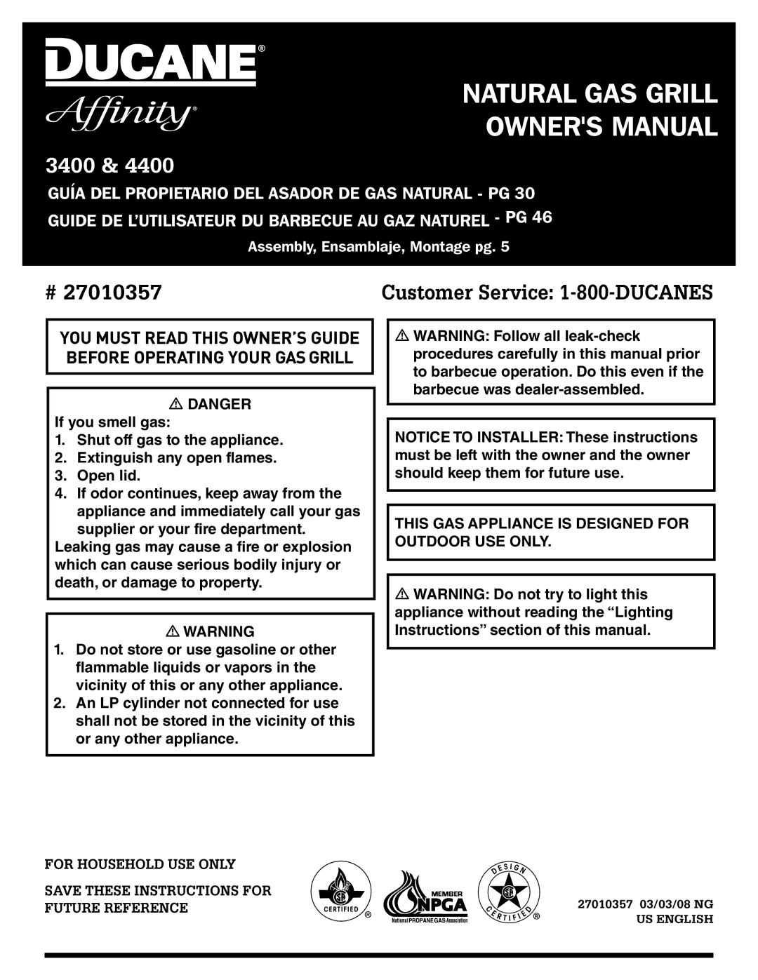 Ducane 27010357 owner manual Natural GAS Grill 