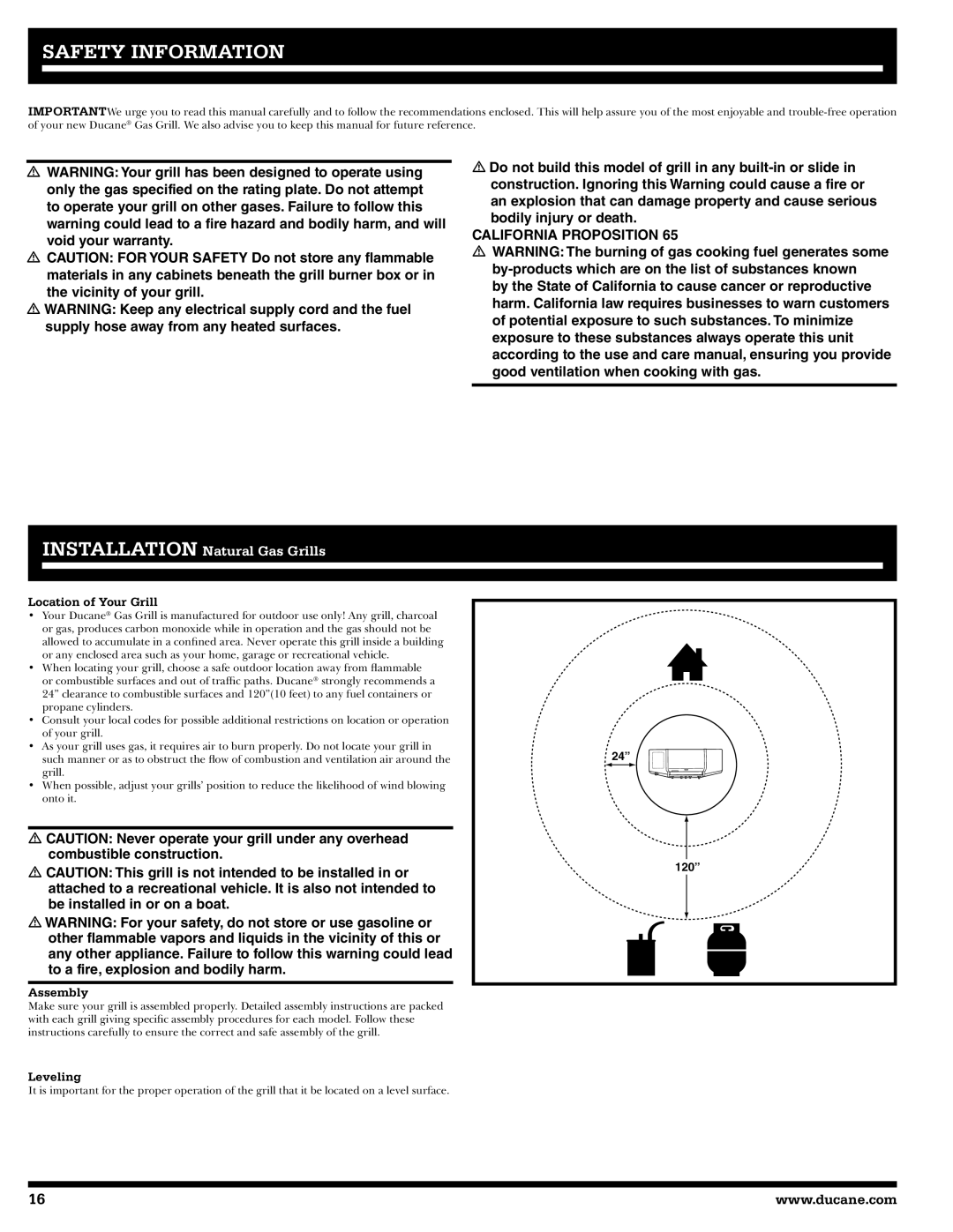 Ducane 27010357 owner manual Safety Information, California Proposition, Location of Your Grill, Assembly, Leveling 