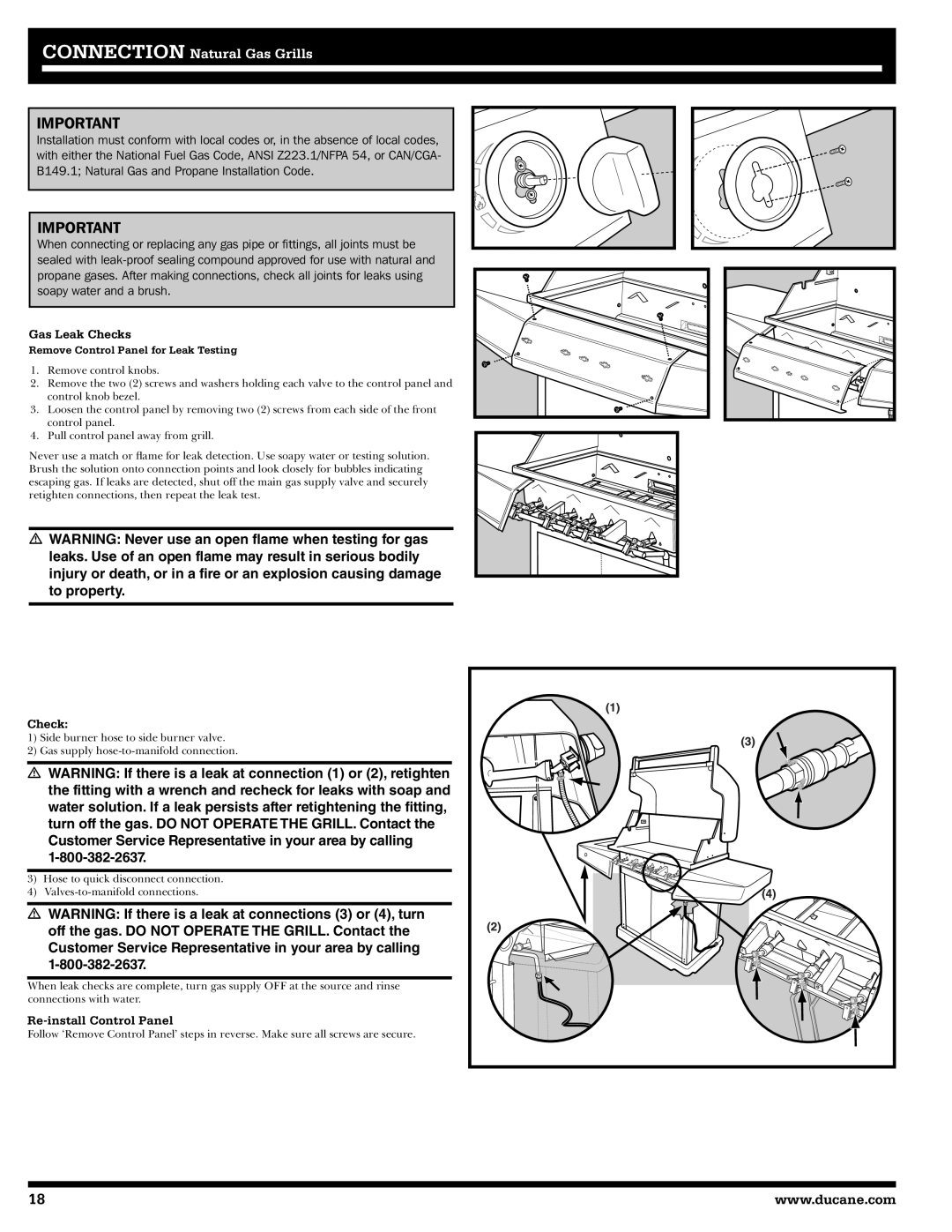 Ducane 27010357 owner manual Gas Leak Checks, Re-install Control Panel 