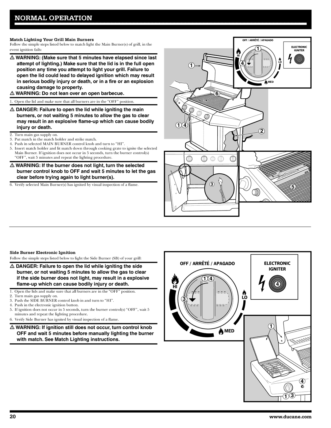 Ducane 27010357 owner manual Match Lighting Your Grill Main Burners, Side Burner Electronic Ignition 