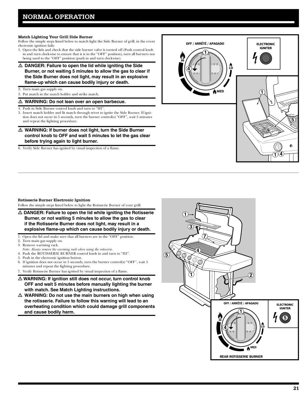 Ducane 27010357 owner manual Match Lighting Your Grill Side Burner, Rotisserie Burner Electronic Ignition 