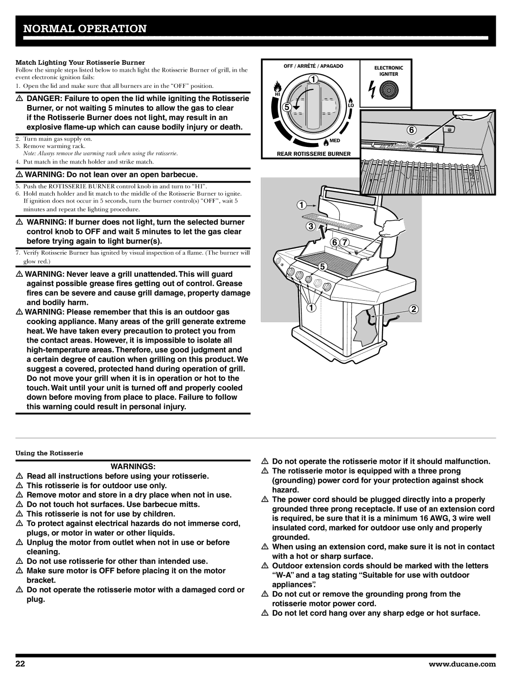 Ducane 27010357 owner manual Match Lighting Your Rotisserie Burner, Using the Rotisserie 