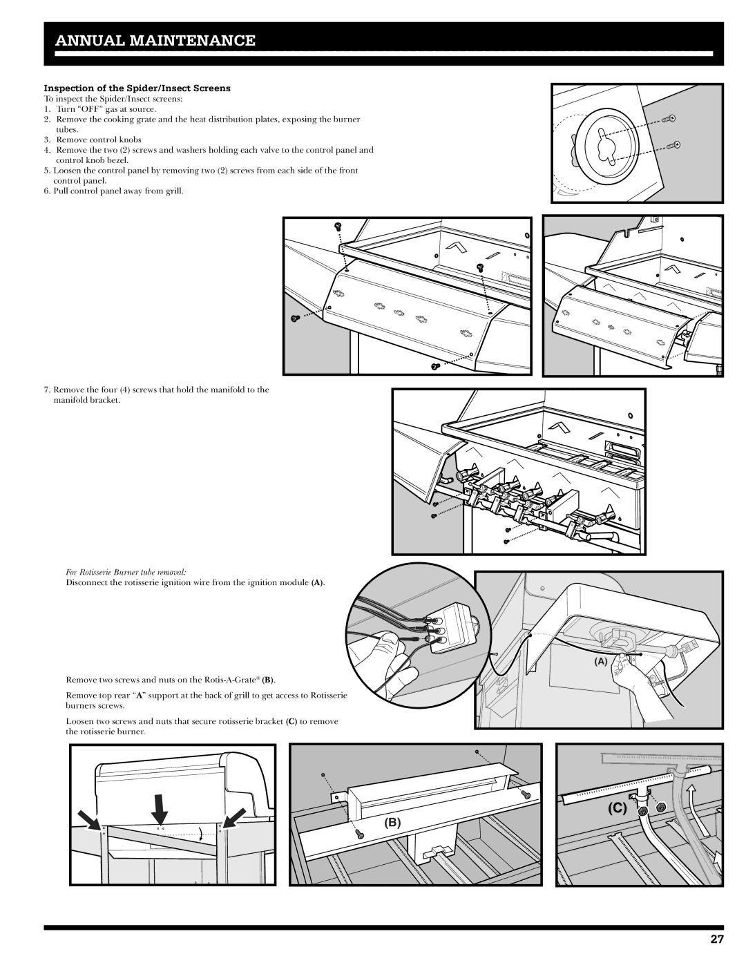 Ducane 27010357 owner manual Annual Maintenance, Inspection of the Spider/Insect Screens 