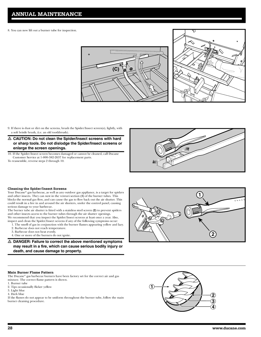 Ducane 27010357 owner manual Cleaning the Spider/Insect Screens, Main Burner Flame Pattern 