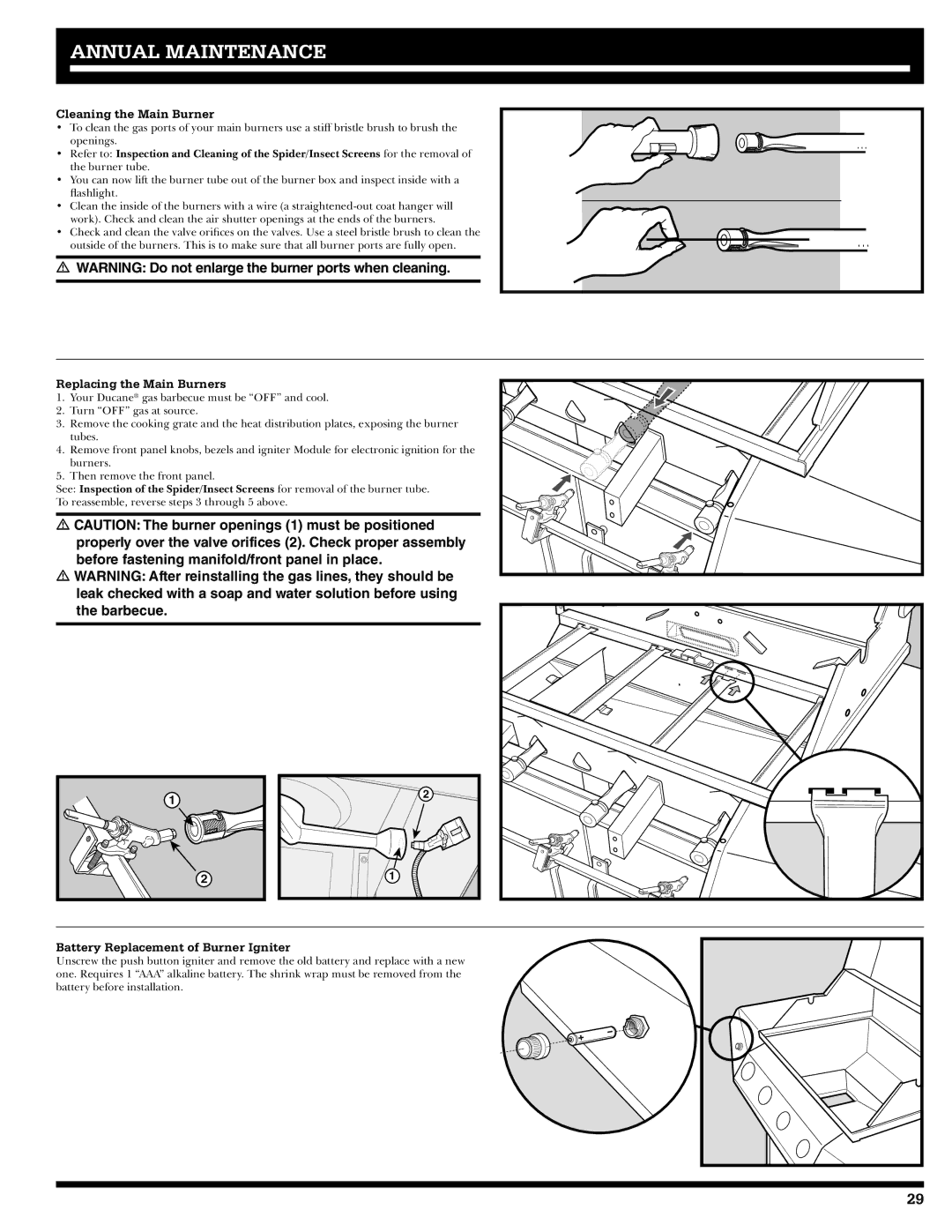 Ducane 27010357 owner manual Cleaning the Main Burner, Replacing the Main Burners, Battery Replacement of Burner Igniter 