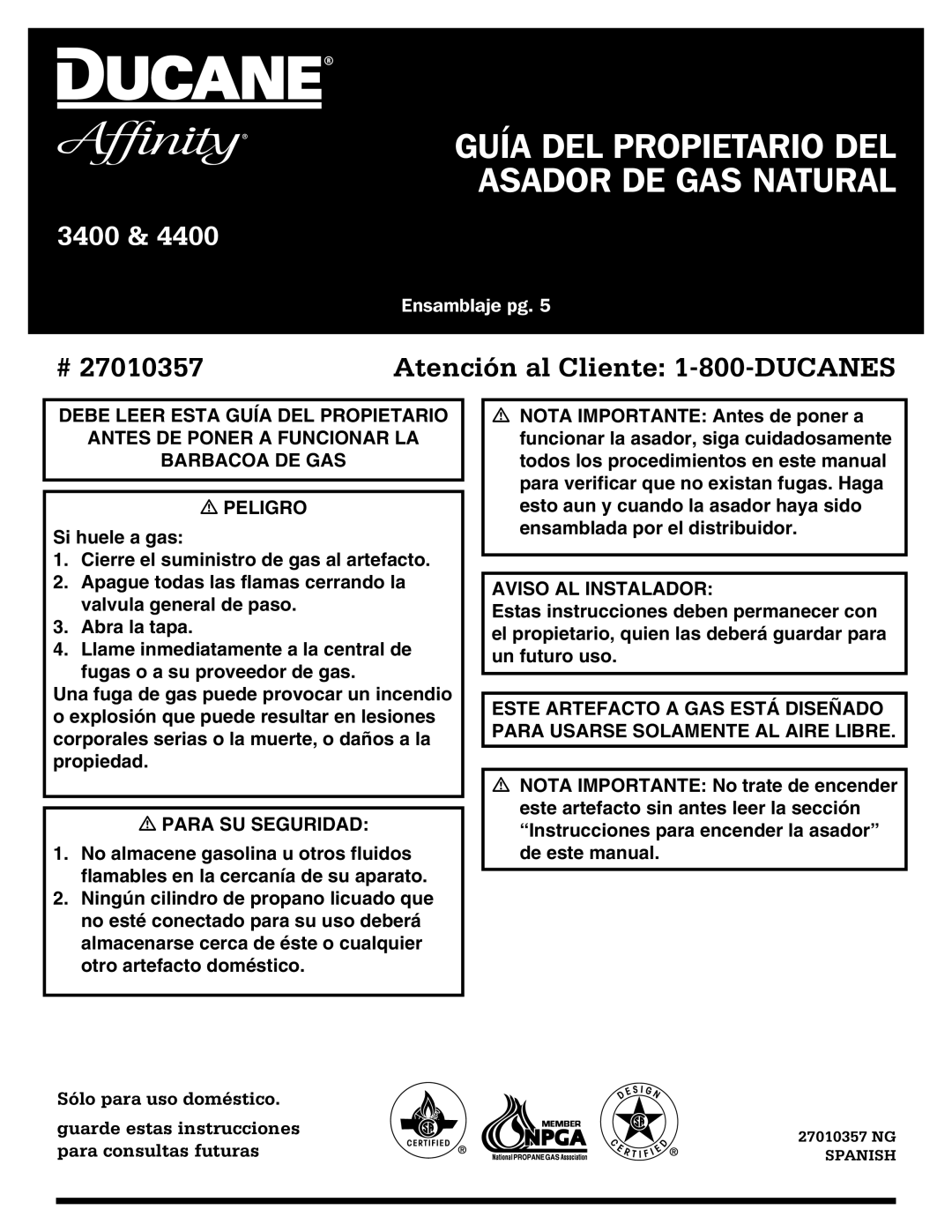 Ducane 27010357 owner manual Guía DEL Propietario DEL Asador DE GAS Natural 